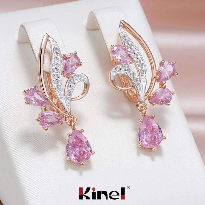 Kinel Pink Zircon Long Drop Earrings For Women Silver Color Luxury Party Jewelry