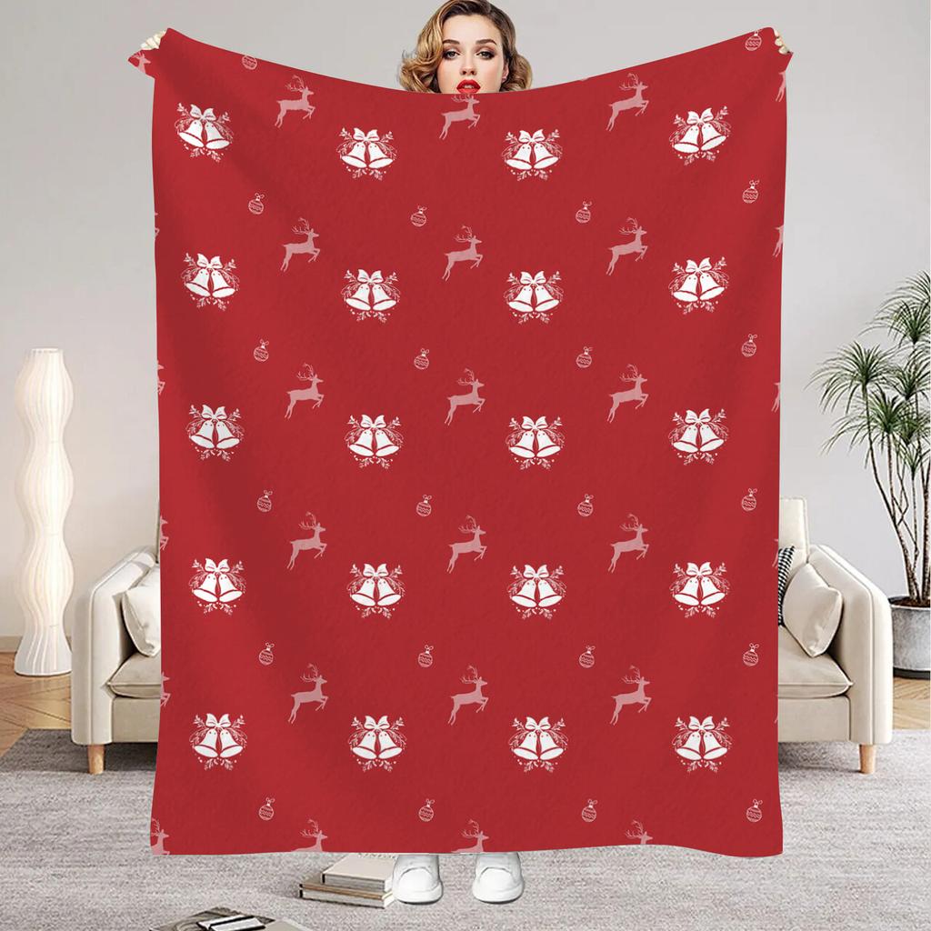 2026 Уютный красный флисовый плед с рождественским узором с оленями - Праздничный праздничный плед для теплого декора