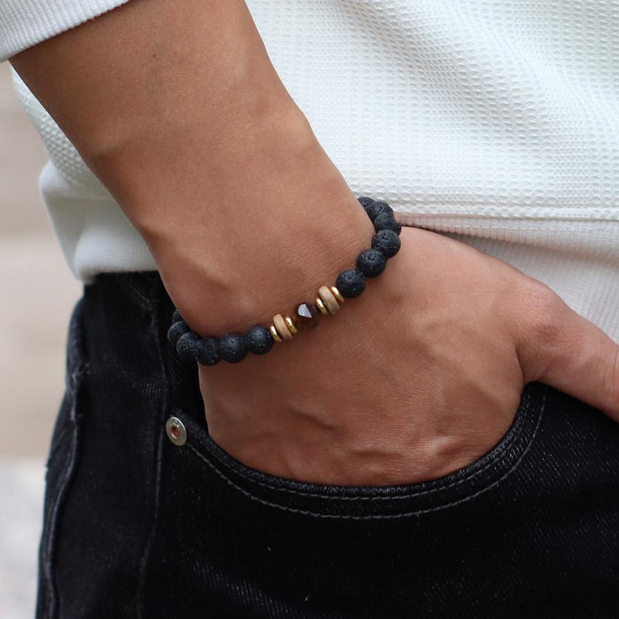 Новый браслет из натурального камня оникса и тигрового глаза для мужчин и женщин, латунные деревянные бусины, браслет-подвеска для пары, 8 мм, бисерный браслет, Pulsera