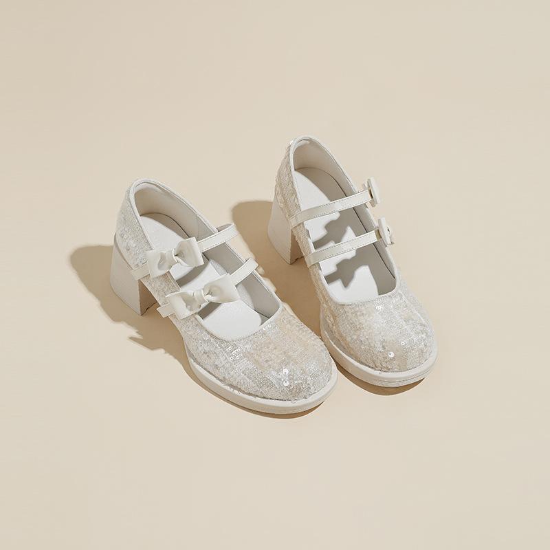 High-heeled Mary Jane women's shoes 2025 spring and autumn new round head thick heel butterfly sequins light mouth word with black single shoes