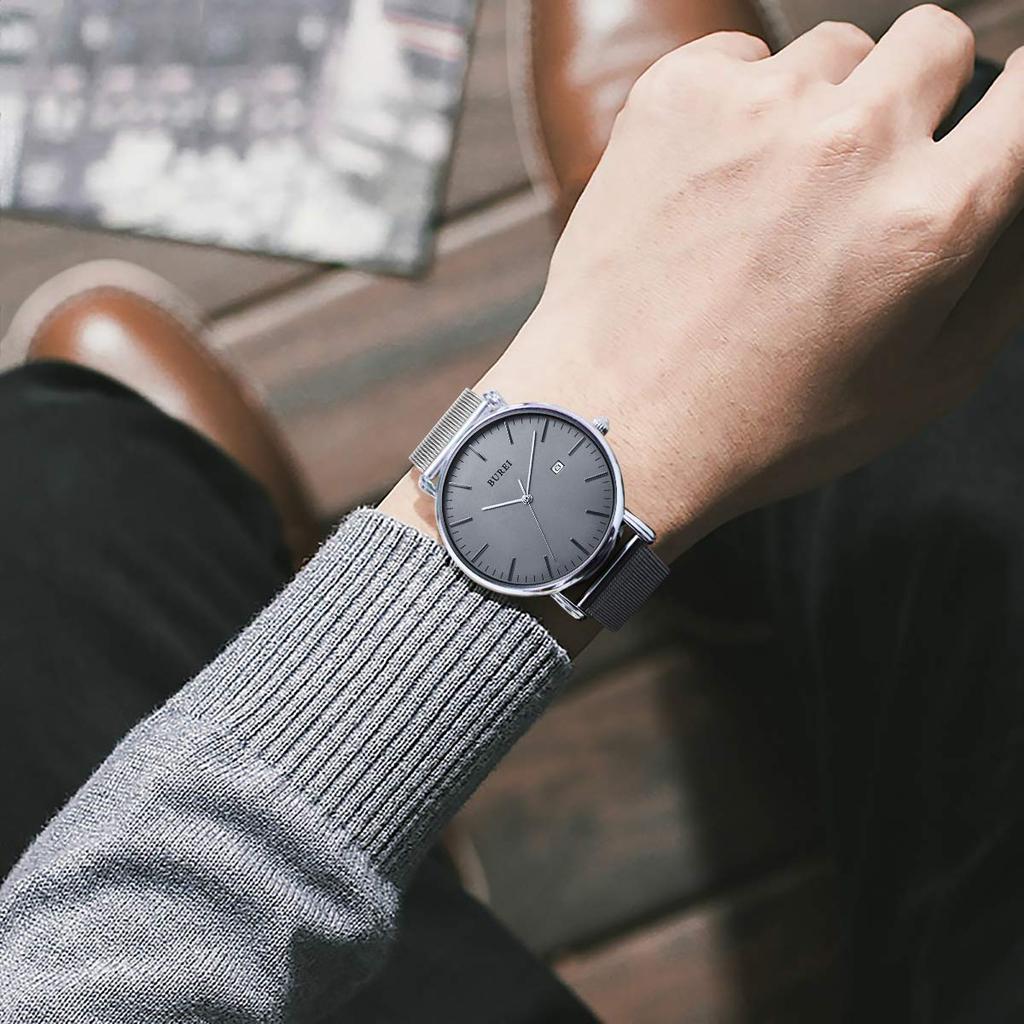 Watch Simple Waterproof Analog Popular Watch Brand Stylish Milanese Mesh Belt Silver Gray Watch [BUREI] Men's Men's [Item]