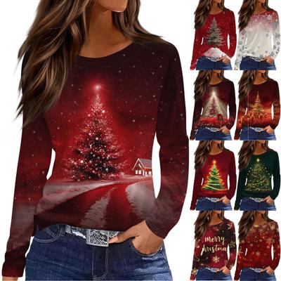 Женская модная повседневная футболка с разрезом по низу, круглым вырезом, длинными рукавами, свободного кроя, с рождественским принтом, женский топ