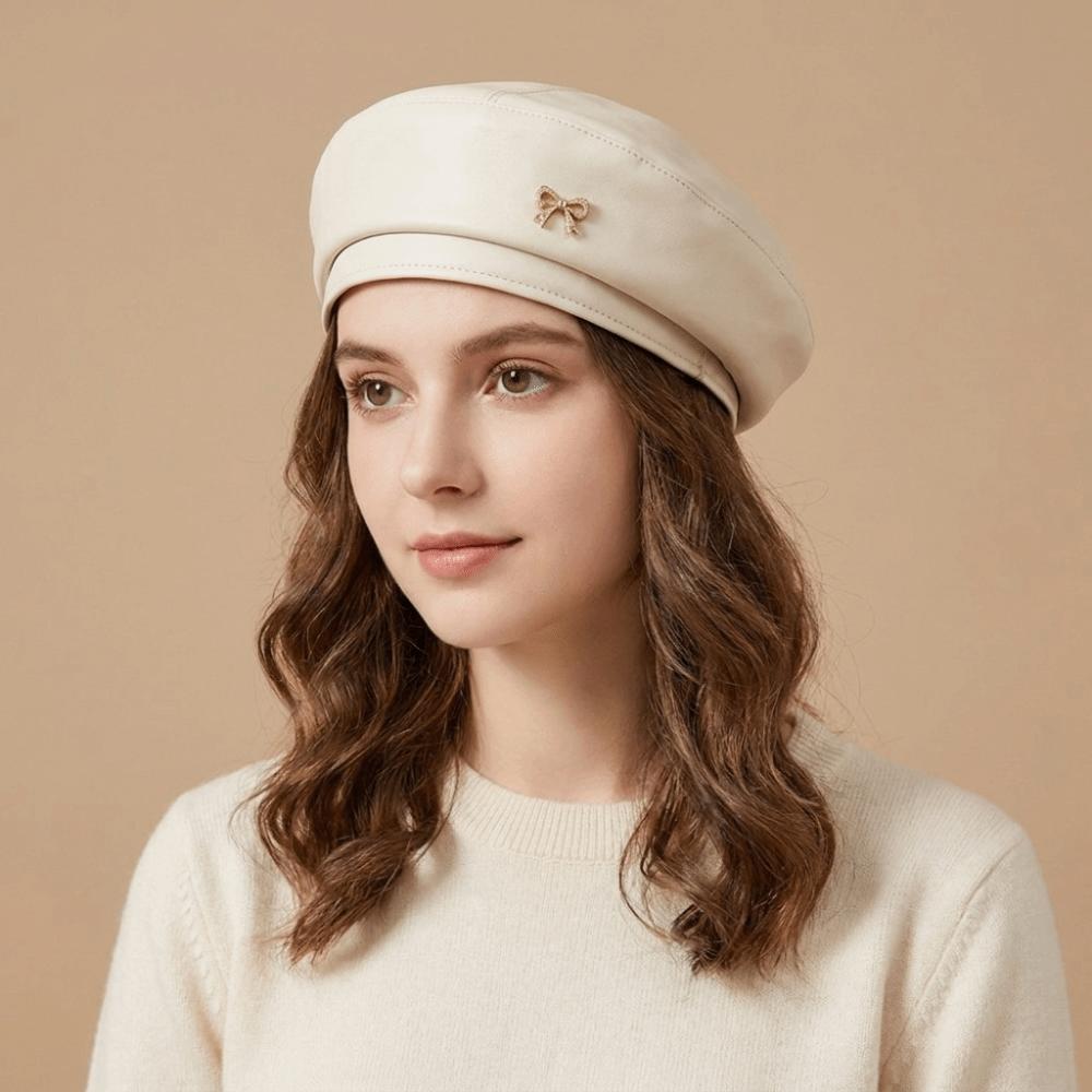Bow Octagonal Hat British Style Painter Hat Fashion PU Leather Beret Streetwear