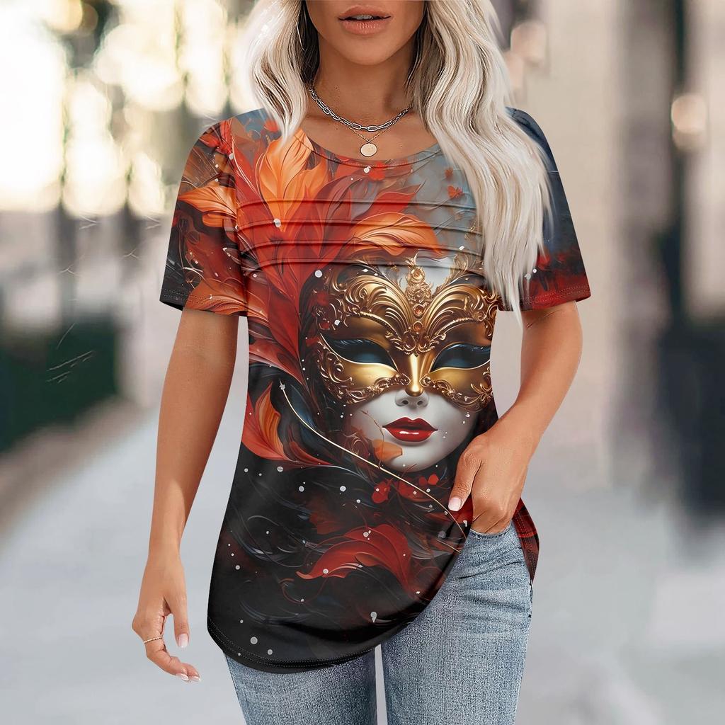 Women's Carnival Mask Print Short Sleeve Loose Round Neck Pleated Top