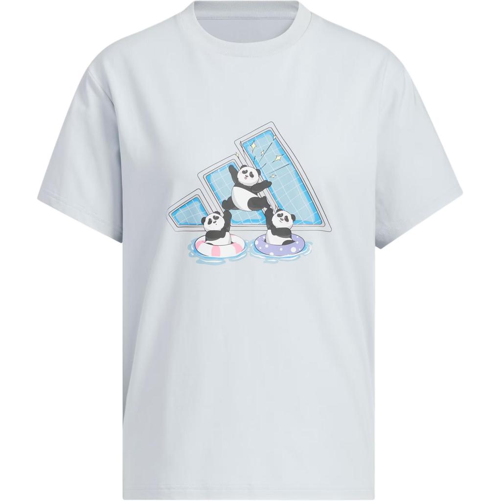 Adidas Графическое логотип, круглый вырез, спортивная повседневная футболка с коротким рукавом, женские топы, светло-голубой KC0971