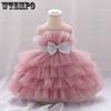 Baby Summer Dress 1 Year Puffy Pink Kids Bow Christening Princess Brithday Vestidos Toddler Children Baptism Baby Girl Clothes