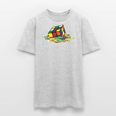 The Cotton Casual Cube Has Melted Into A Colorful Water Puddle Pattern and Is Printed on The Mens Tshirt