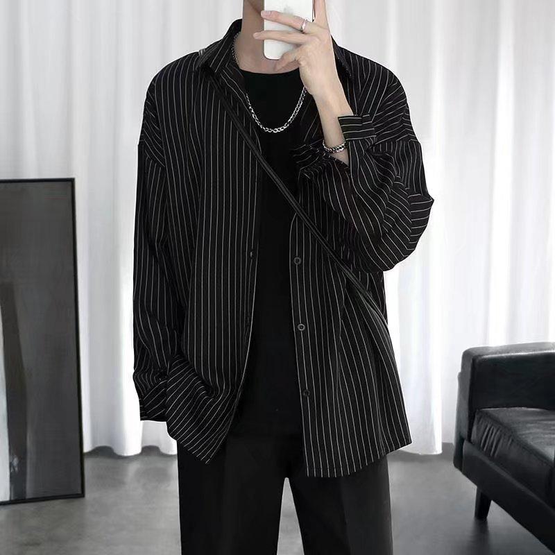 Летняя рубашка с длинным рукавом, мужская рубашка в гонконгском стиле, повседневная свободная полосатая рубашка, корейская красивая куртка для колледжа, блузка, рубашки для мужчин