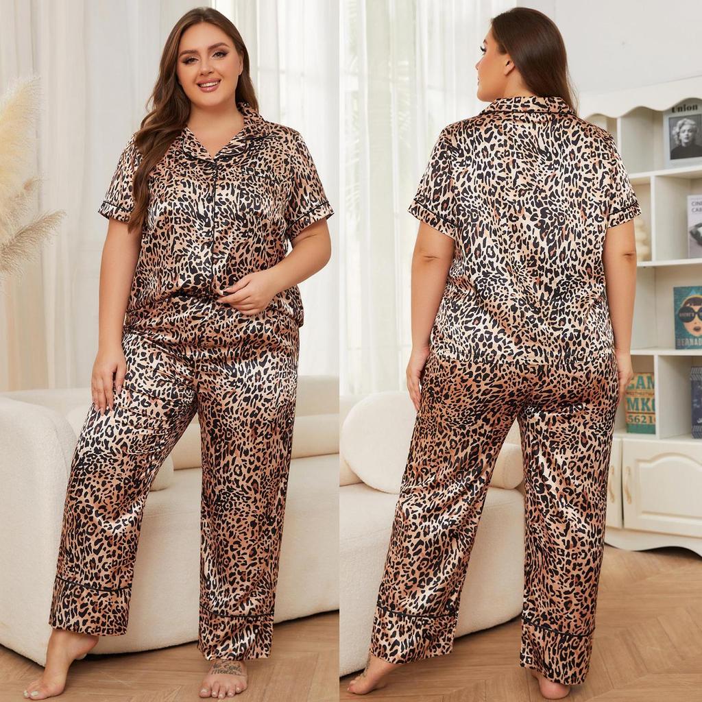 Женские спальные костюмы из искусственного шелка, большие размеры, топы на пуговицах с короткими рукавами и длинные брюки, пижамы с леопардовым принтом, лето-осень, домашняя одежда для ночного отдыха