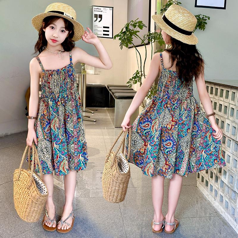 Girls' spaghetti strap dress, summer internet celebrity, girls' chiffon, children's clothing, floral princess beach dress, thin