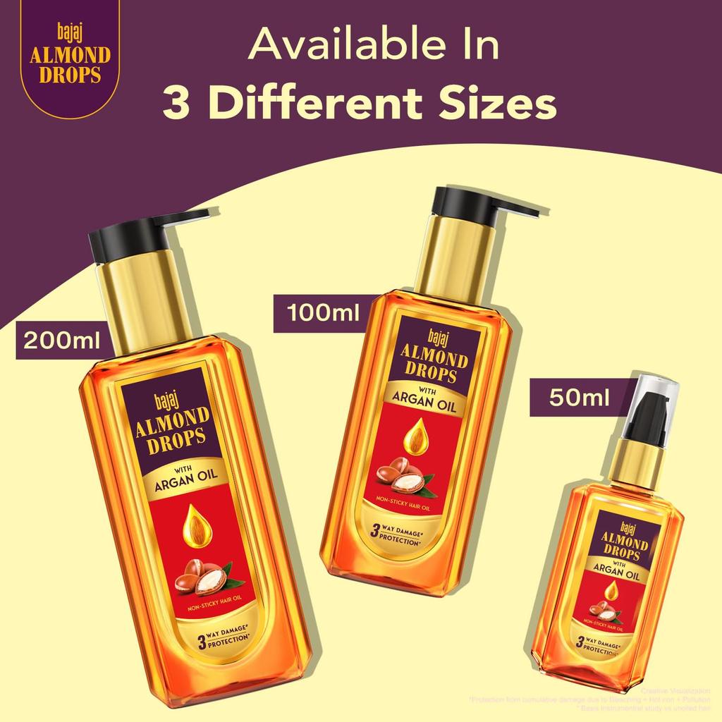 Bajaj Almond Drops Non Sticky Hair Oil With Almond And Argan Oil For Soft Shiny Hair 200ml