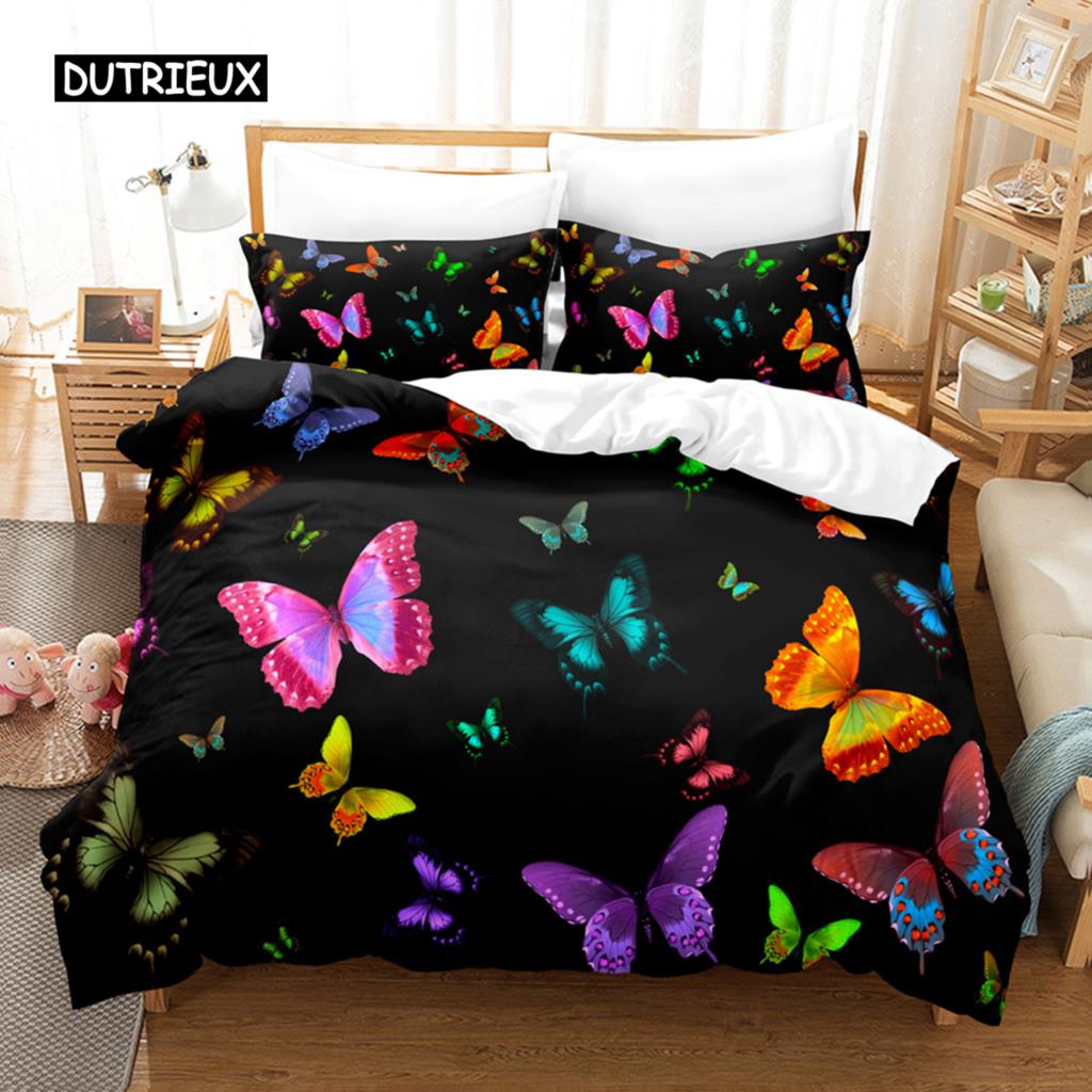 Butterfly Duvet Cover Set Microfiber Flying Golden Butterfly Printed Bedding Set Dreamy Night Butterfly Double Queen King Size