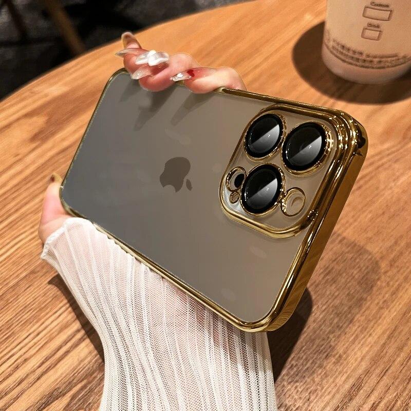 Original Square Plating Border Clear Phone Case For IPhone 11 12 13 14 15 Pro Max Plus Mini XS XR X Lens Film Protective Cover