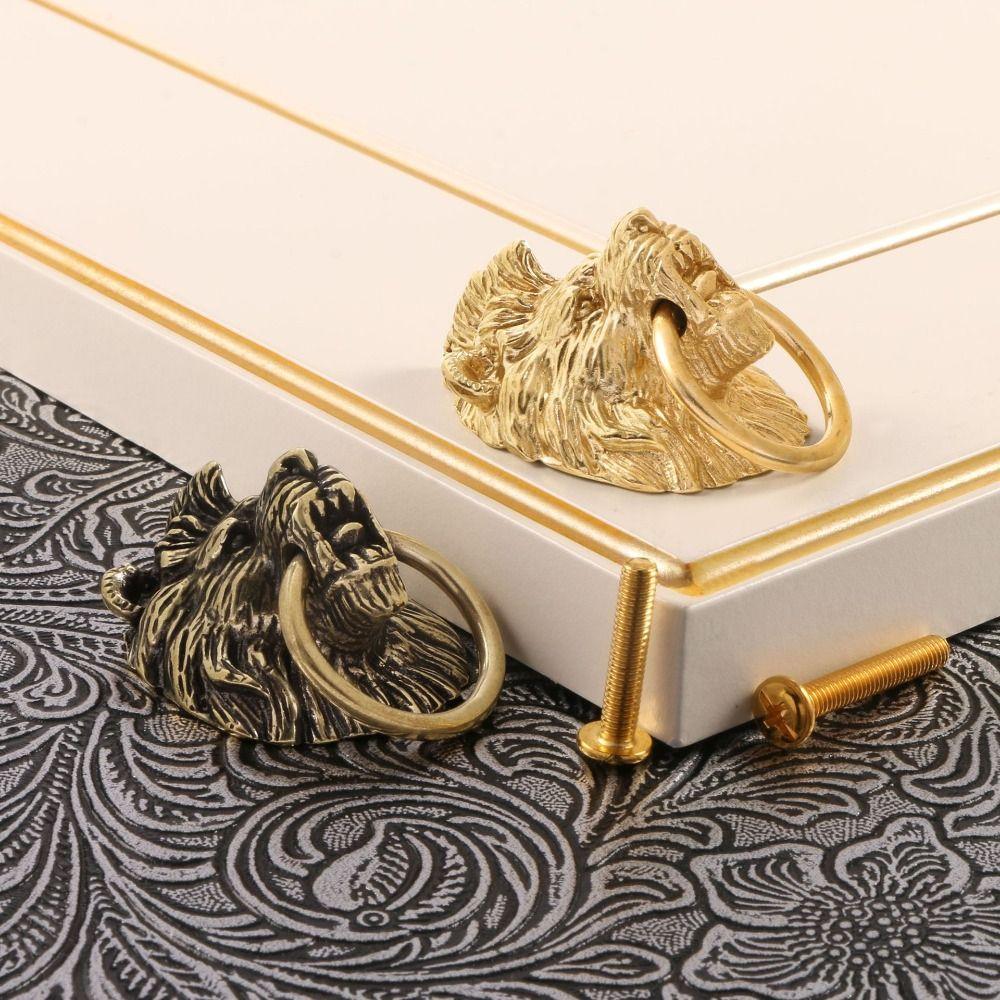 Retro Cabinet Door Knobs Vintage Wardrobe Drawer Pulls Lion Head Knob Brass Handle Furniture