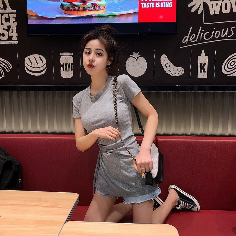 Hong Kong style retro summer round neck short sleeve careful machine waist drawstring irregular split T-shirt women's top