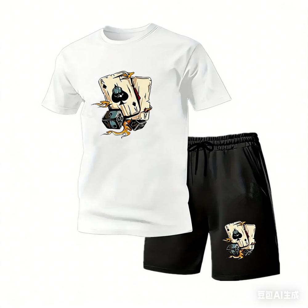 Летний мужской повседневный модный комплект: футболка с коротким рукавом и круглым вырезом с принтом в виде элементов покера и шорты