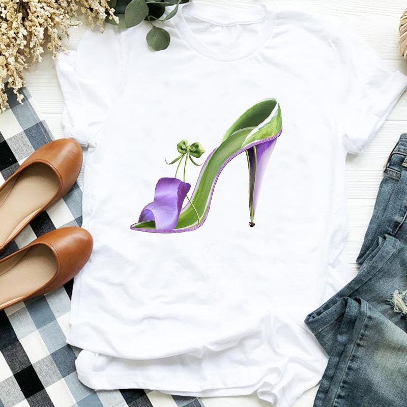 Floral Flower Shoes Print T Shirt Women Short Sleeve O Neck Loose Tshirt Women Tee Shirt