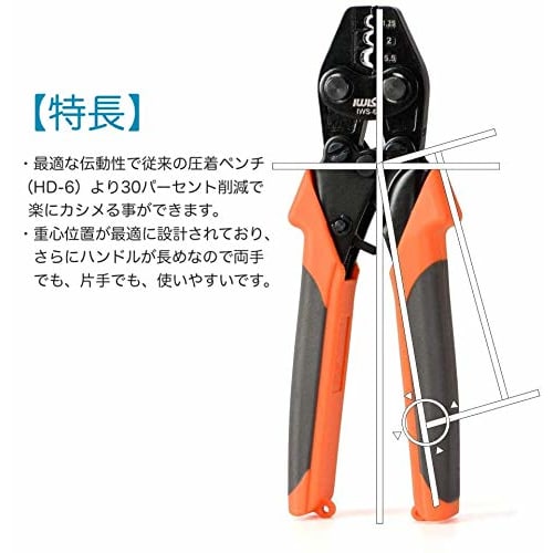 IWISS IWS-6 Crimping Tool for Bare Crimp Terminals and Sleeves, JIS Compliant, 1.25-5.5sq Compatible