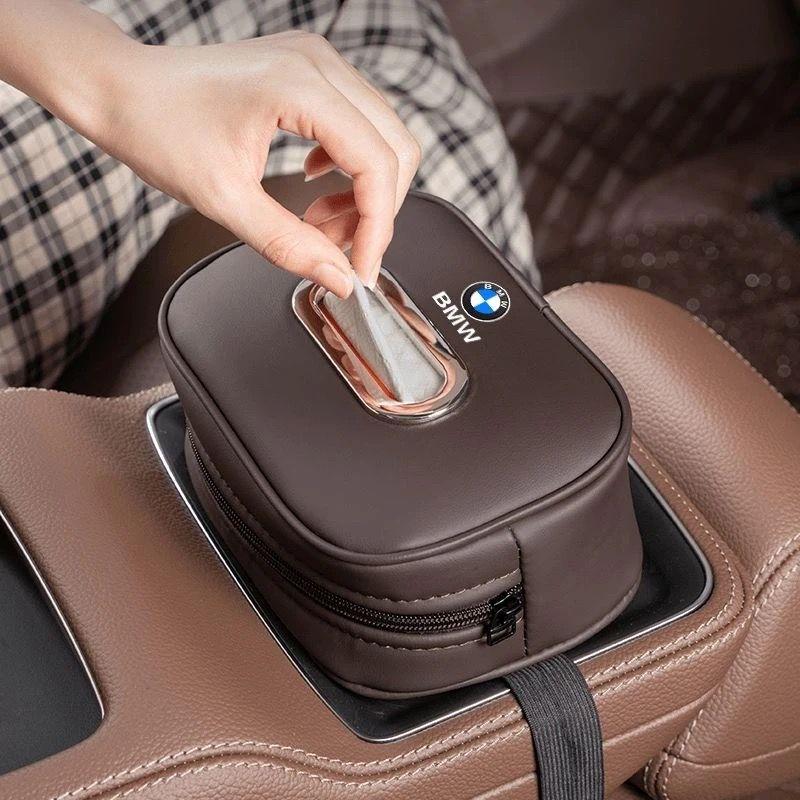 BMW Car Headrest Tissue Box, Premium PU Leather Hanging Napkin Holder, Universal Auto Seat Back Tissue Case,Car Interior Accessories