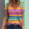 Summer Women V-Neck T-Shirts Print Casual Pullover Striped Short Sleeves Oversized Tee Shirt Female Fashion Clothing 2024 S-4x