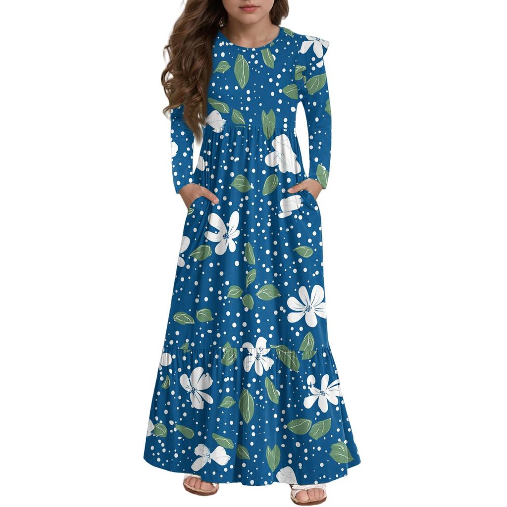 Girls' Tiered Ruffle Dress - Long Sleeve Printed Maxi With Pockets
