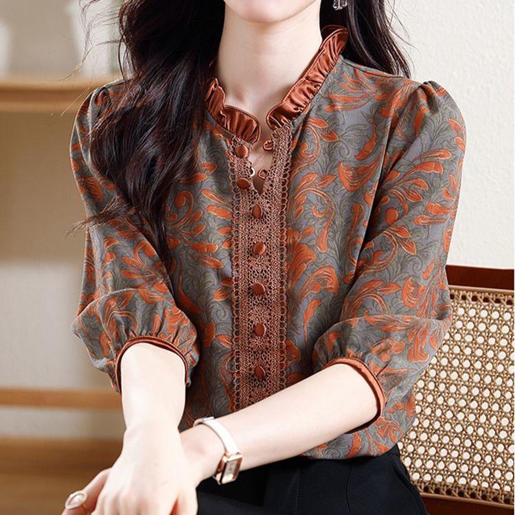 Рубашка с принтом женская летняя большого размера женская кружевная рубашка со средним рукавом свободный шифоновый топ
