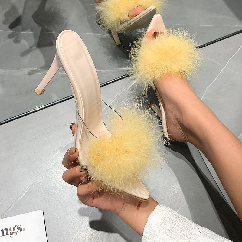 Fashion Summer Woman Pumps Feather Crystal High Heels Fur Peep Toe Mules Slippers Ladies Ytmtloy Indoor Zapatillas Mujer Casa Ladies