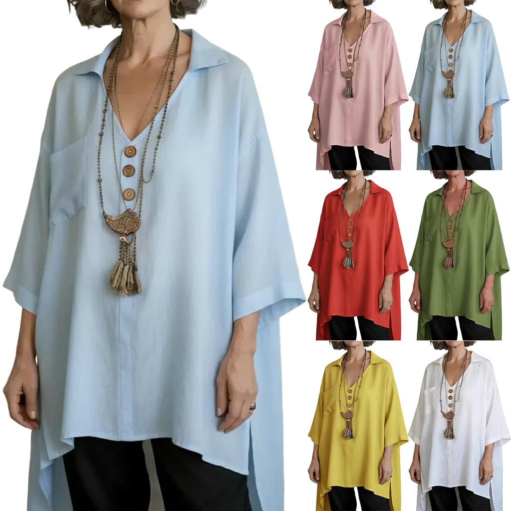 Женская модная повседневная свободная хлопково-льняная блузка однотонная с пуговицами спереди, укороченная сзади, удлиненная спереди