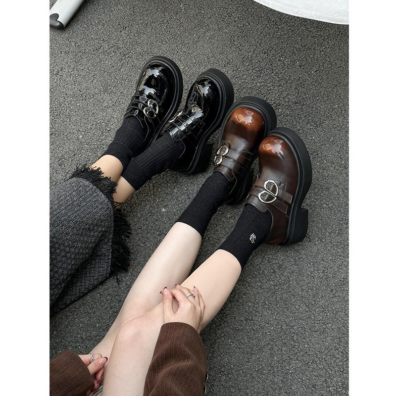 Genuine Leather Platform Leather Shoes Women's Shoes Early Spring New All-Match Double Buckle Loafers Mary Jane Shoes Pumps