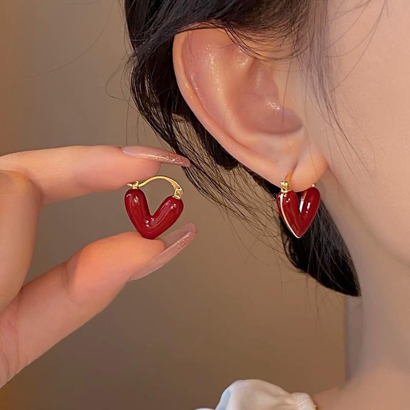 French Romantic Wine Red Enamel Heart Shaped Pendant Earrings Fashion Jewelry For Women Eardrop Accessories