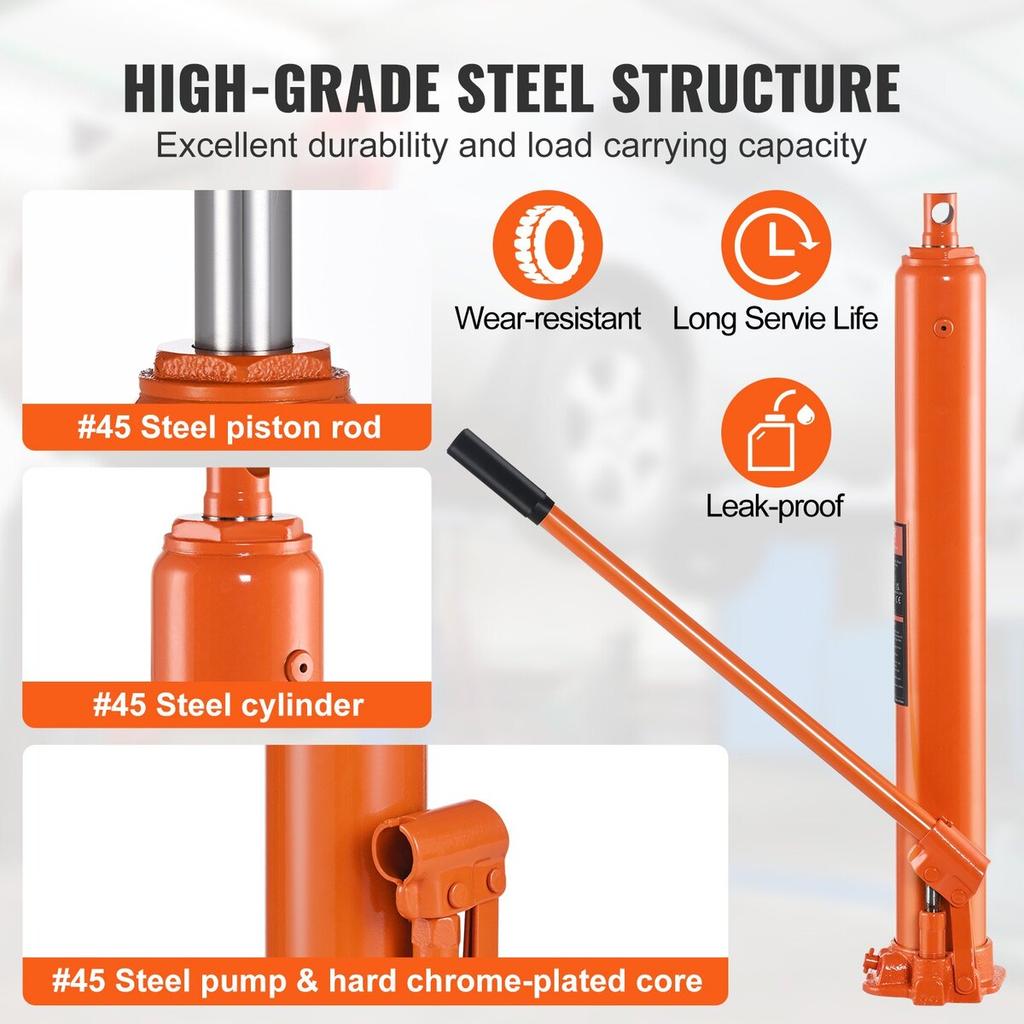 Hydraulic Long Ram Jack, 4 Ton Engine Hoist Cylinder with Single Piston Pump And Flat Base, Hydraulic Ram Cylinder for Engine Lift Hoists, Hydraulic