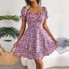 Women's Summer Floral Dress Square Collar Short Sleeve Lace Up Elegant Spring Outfit Sizes S-XL