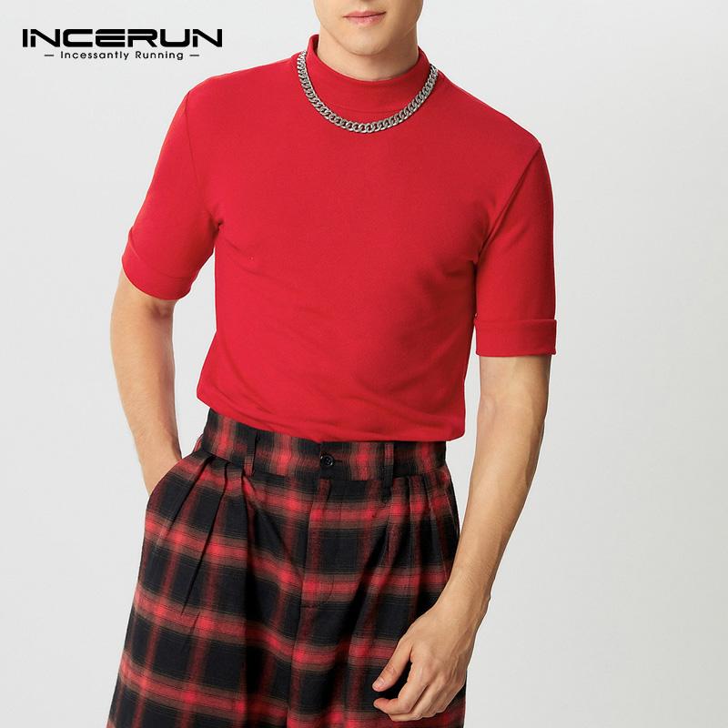 INCERUN Мужские футболки с высоким воротом, с коротким рукавом, облегающие, повседневные, майки