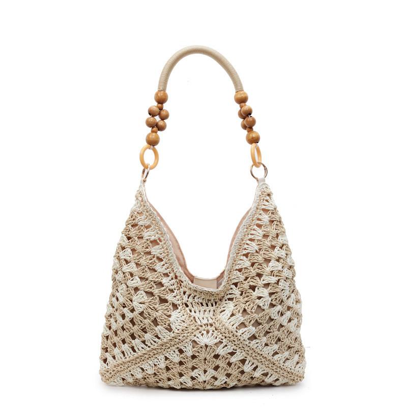 Woven Tote Bag For Women Summer Beach Fashion Large Capacity With Color Blocked Bead Decoration