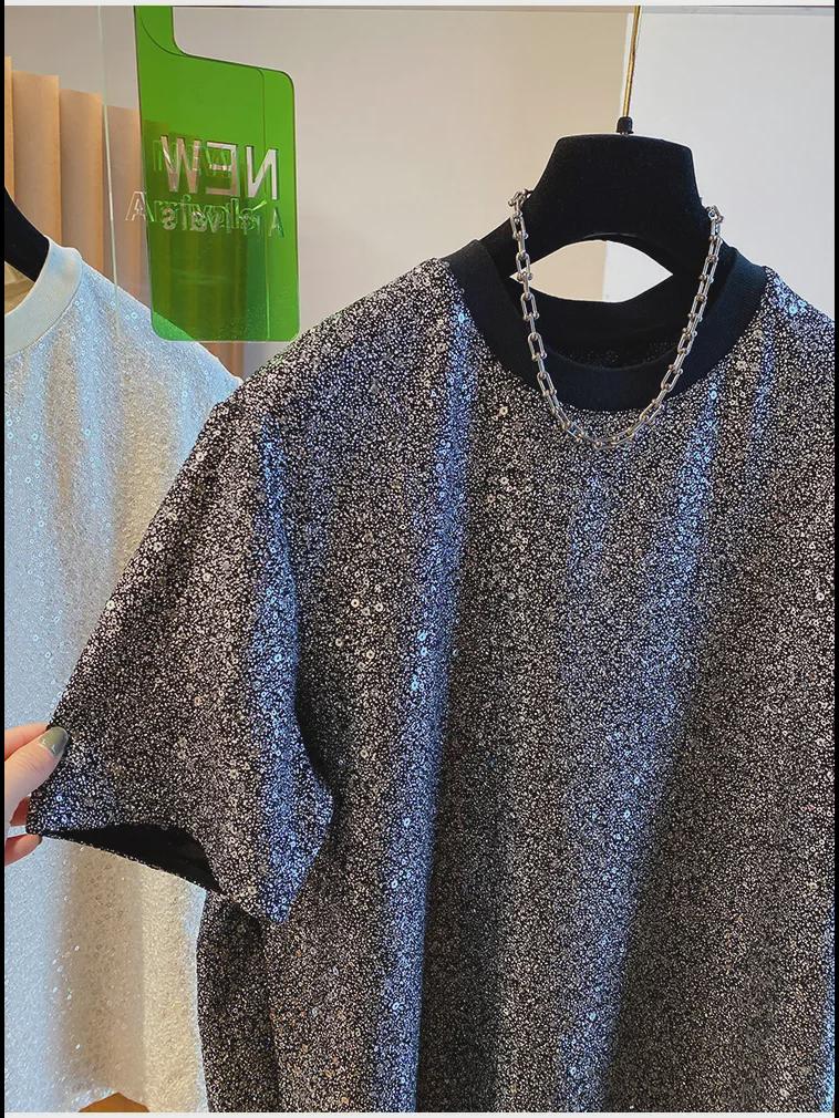 2024 Мужская шикарная шелковая футболка с пайетками - Европейский свободный крой с коротким рукавом