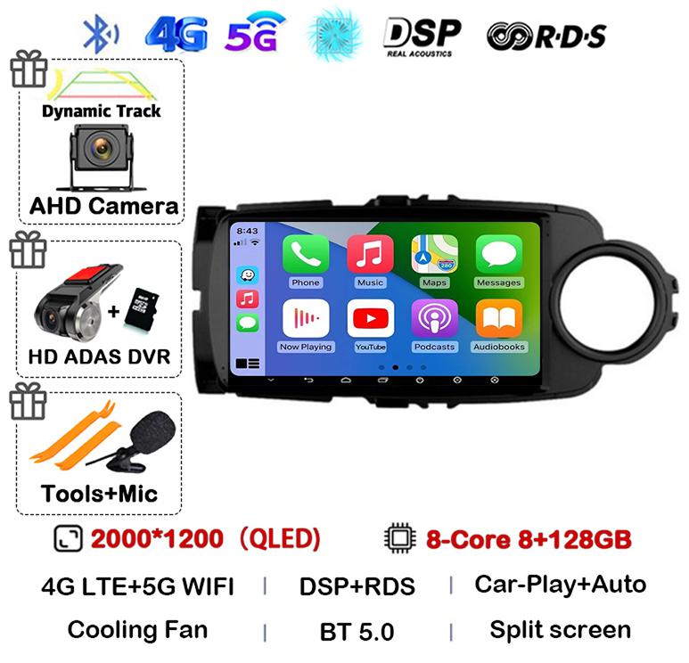 Android14 Carplay Auto For Toyota Yaris 2012 2013 2014 2015 2016 2017 Multimedia Car Radio Player WIFI+4G SIM Stereo DSP GPS RHD