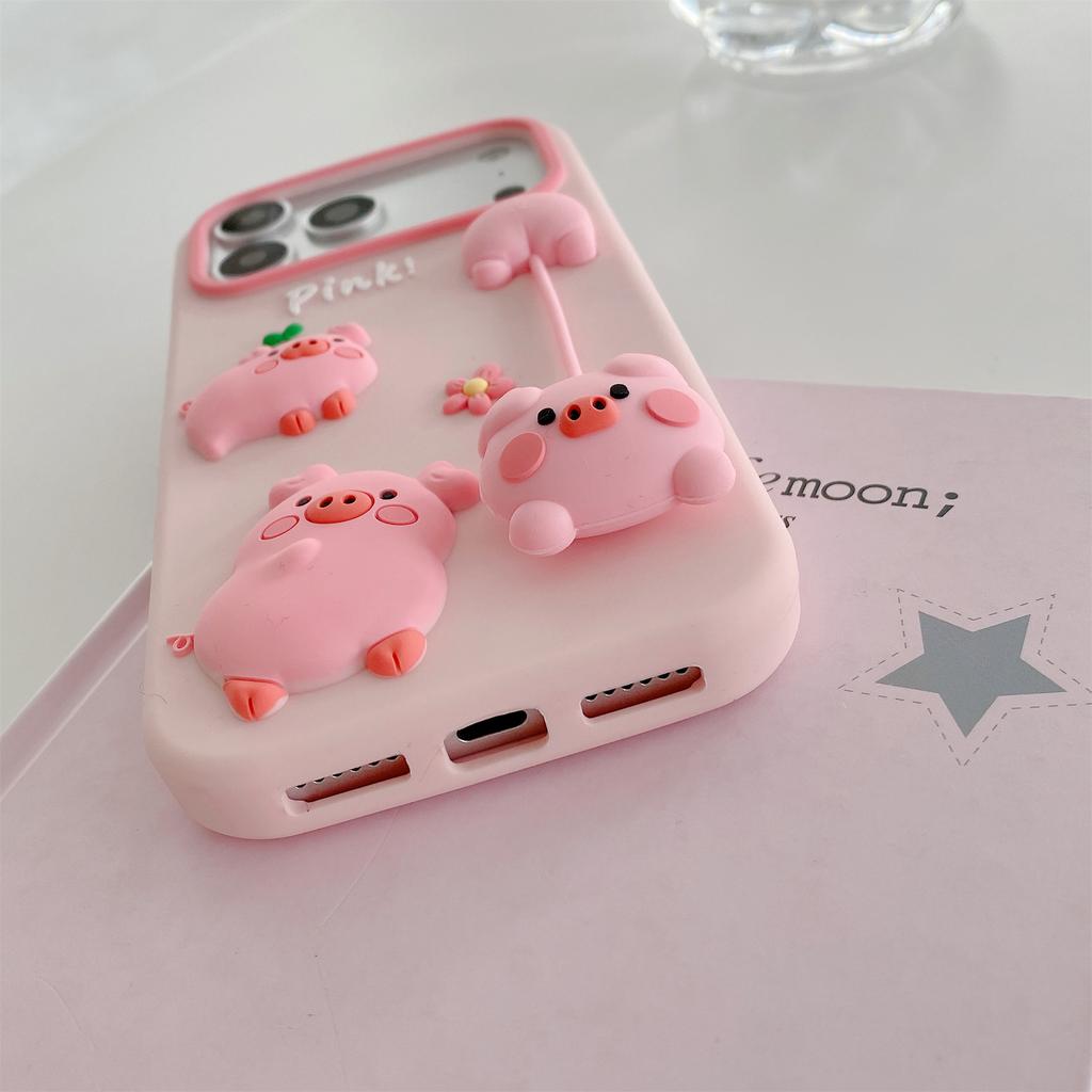 For iPhone 17 Pro Max Silicone Case Cute 3D Cartoon Pig Pendant Shockproof Phone Back Cover