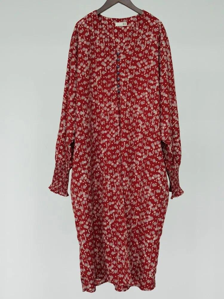 Johnature Женское красное платье с цветочным принтом и рукавами «летучая мышь», винтажные хлопковые длинные халаты, осенние свободные женские длинные платья на пуговицах