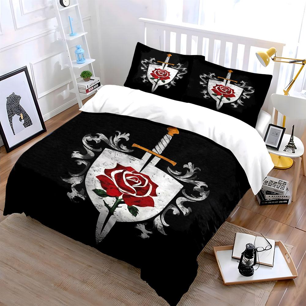 Red Rose and Sword Shield Design Bedding Duvet Cover Set Duvet Cover Pillowcases (1 * Duvet Cover 2 * Pillowcases, without duvet insert)