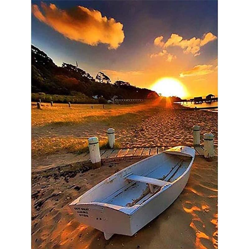 5D DIY Diamond Painting Sunset Boat View Diamond Embroidery Sea View Cross Stitch Flower Full Round Drill Home Decor Gift