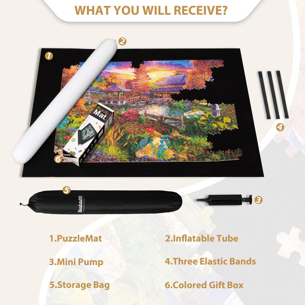 Becko US 3000-Piece Puzzle Mat, Roll-Up with Drawstring Bag & Black Pump, Felt Jigsaw Puzzle Mat with Leak-Proof Tube & 3 Elastic Bands, Easy
