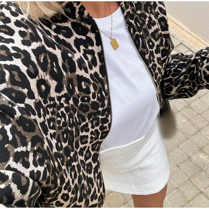 Fashion Leopard Zipper Long Sleeved Women's Jacket Retro Round Neck Street Casual Outwears Female Autumn Commute Coat