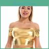Sleeve Women Size Short Plus Metallic Laser Color Shirts Boat Neck Crop Tops Clubwear Streetwear