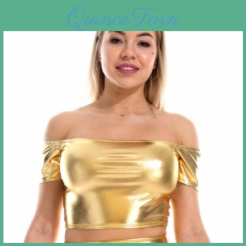 Sleeve Women Size Short Plus Metallic Laser Color Shirts Boat Neck Crop Tops Clubwear Streetwear