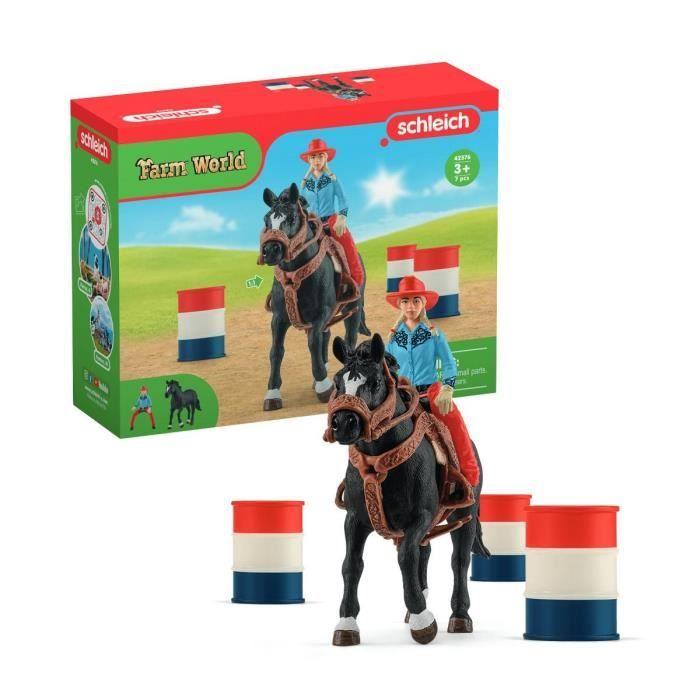 Figurine Cowgirl et Tonneaux de Racing, avec figurine et cheval, Schleich 42576 Farm World