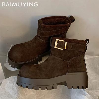 Замшевые женские ботинки на платформе для снега, теплые повседневные ботинки для женщин, тренд 2025 года, зимние кроссовки, короткие, плюшевые, мотоциклетные ботинки Botas De Mujer