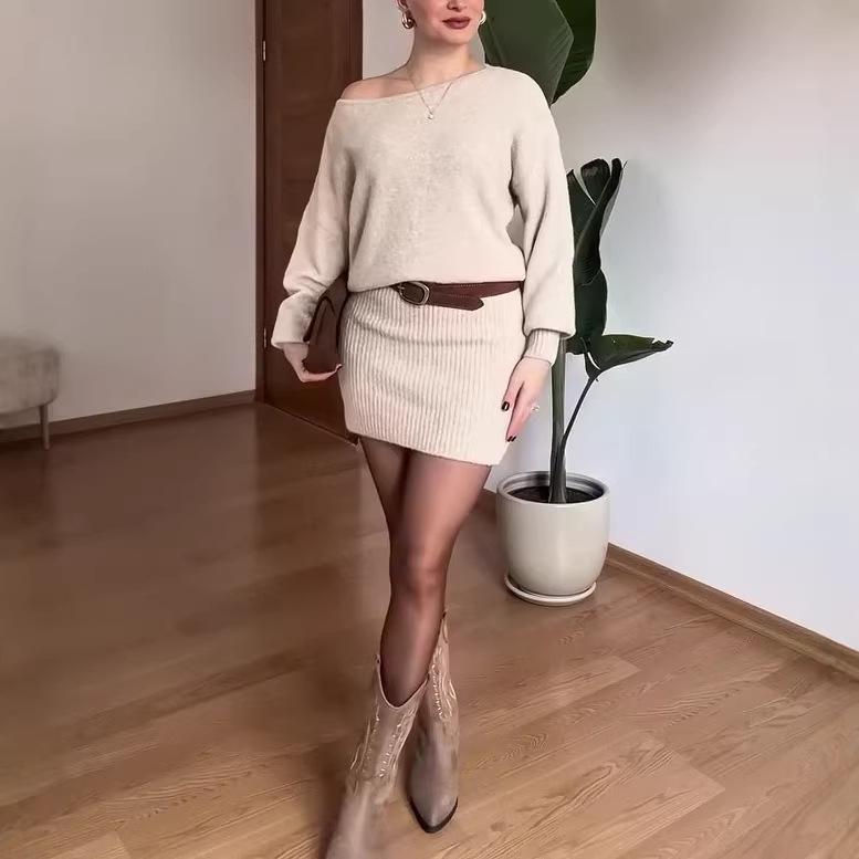 European & American Women's Fashion 2026: One-Shoulder Long-Sleeved Bodycon Skirt with Belt (Autumn Collection).