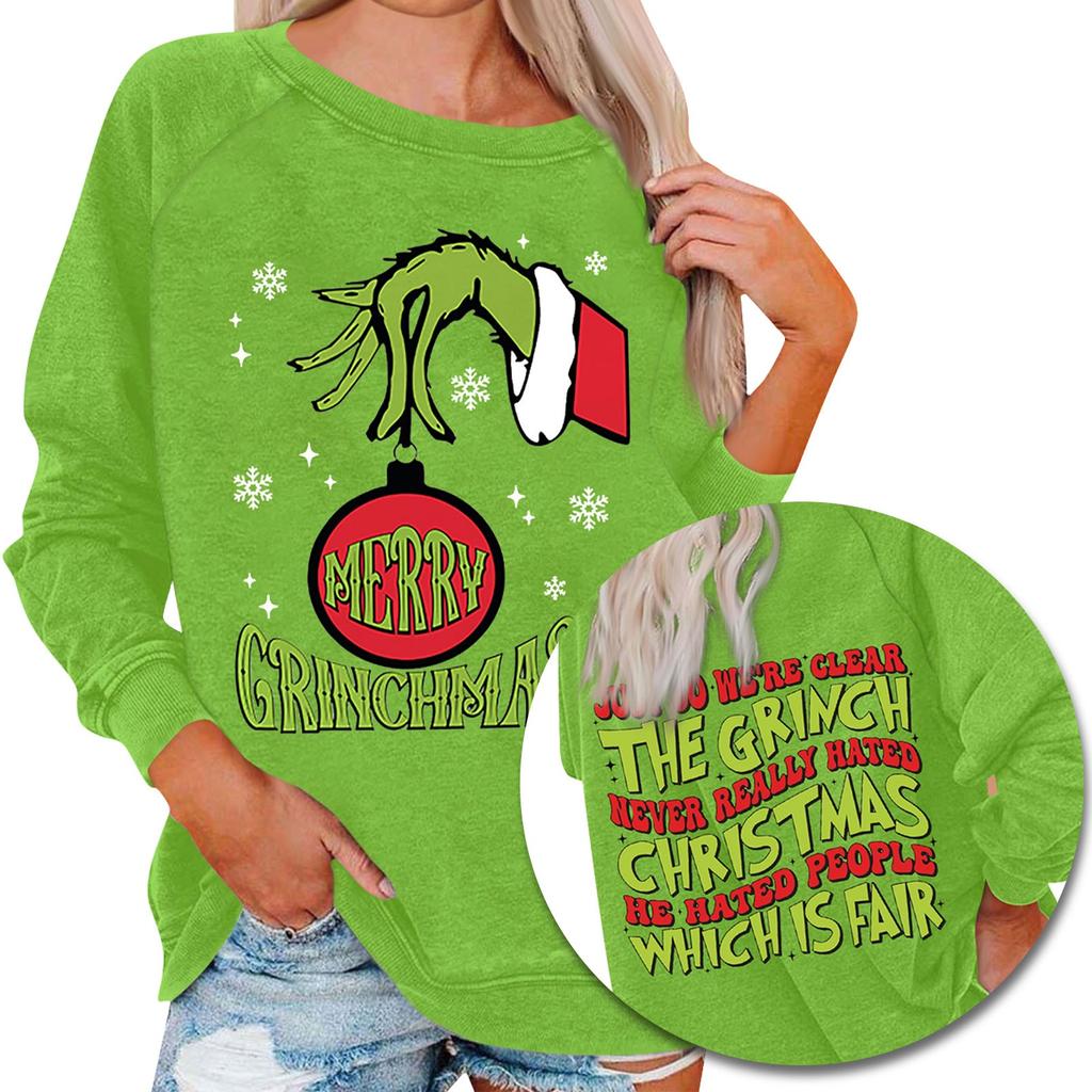 Женский повседневный модный рождественский принт с длинным рукавом и круглым вырезом, пуловер, топ