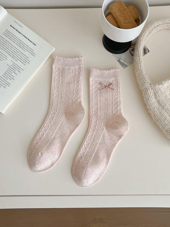 Осенние хлопковые носки до середины икры с кружевом, оборками, бантом и вышивкой для женщин