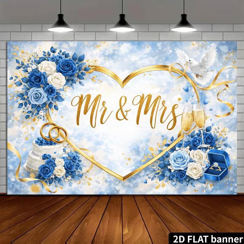 2D Сине-золотой Mr & Mrs Фотофон Свадебное Сердце Баннер для Фотобудки